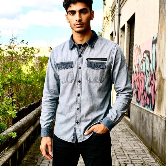 Ecko Unlimited Blue Stripes SNAP Cotton Shirt Long Sleeves Roll up - Picture 1 of 11